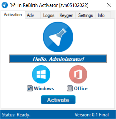 R@1n ReBirth Activator 1.3, Esta es la aplicación la activación de todas las versiones de Windows y Office